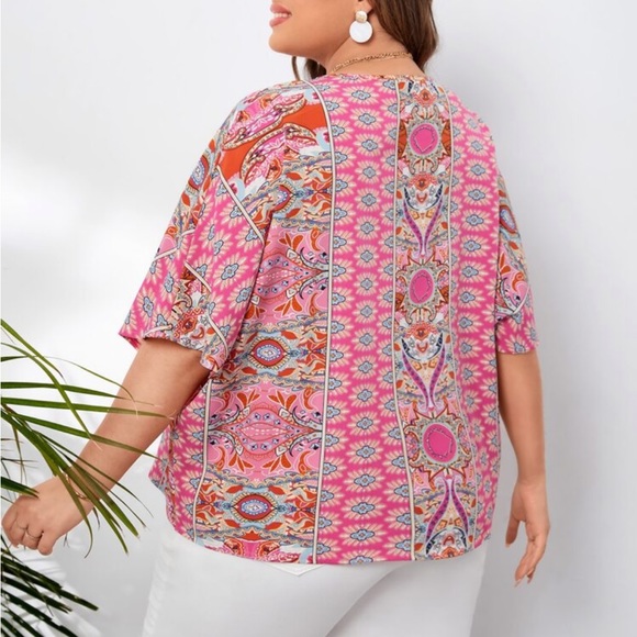 Boho Plus Size Paisley Print Top Blouse Shirt Pink - Picture 2 of 4